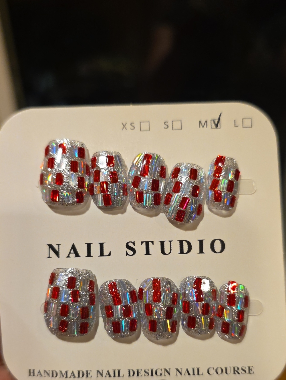 Silver & Red Holographic Press-On Nail Set Size Med